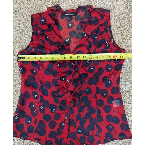 Nanette Lepore Sleeveless 100% Silk Blouse Sheer Cherry Print Ruffle Size 4 USA - Picture 9 of 10